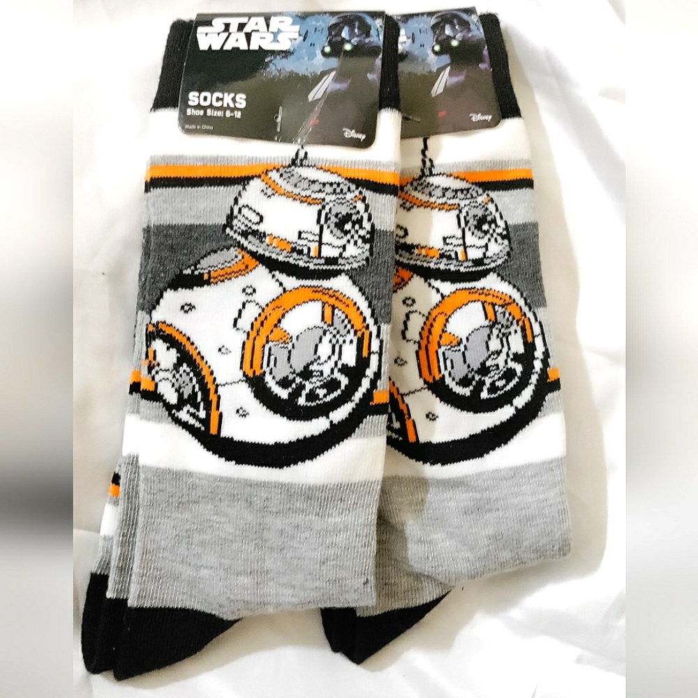 NEW 2-Pair Star Wars BB-8 Mens Socks. Planet Sox. Size 6-12